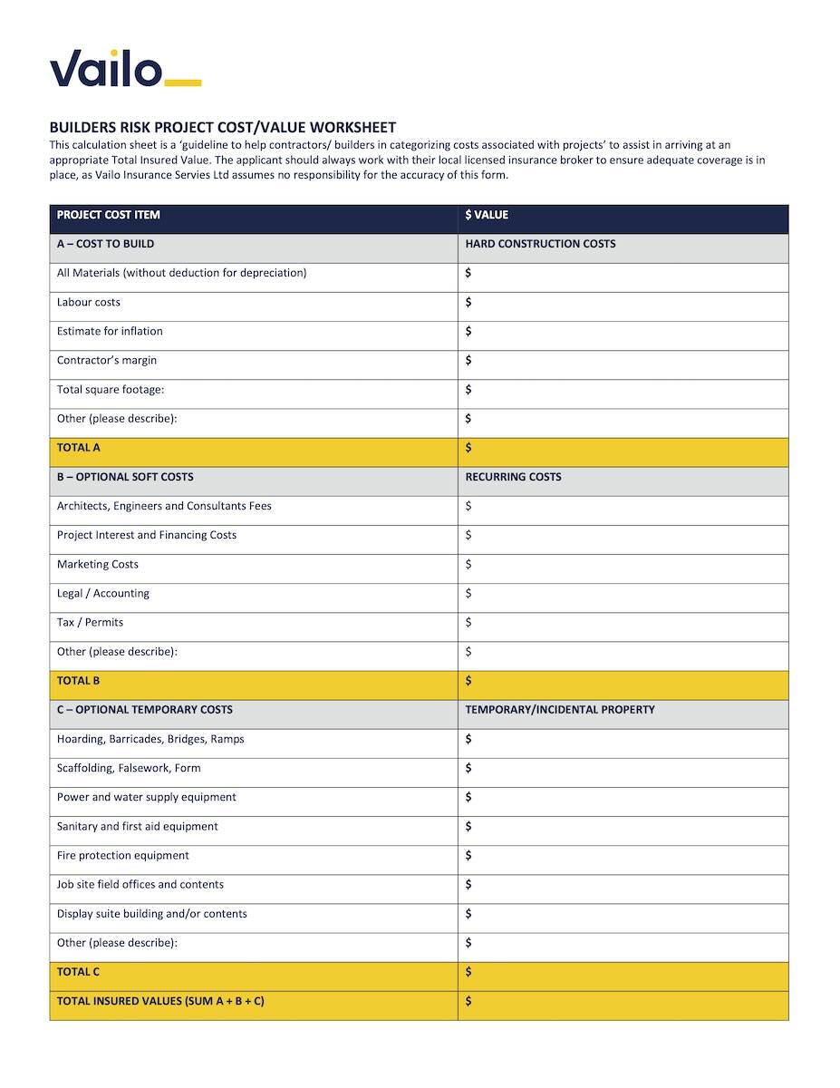 Builders Risk Project Cost/Value Worksheet